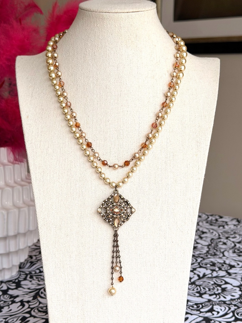 Vintage Inspired Pearl Rhinestone Double Strand Tassel Necklace